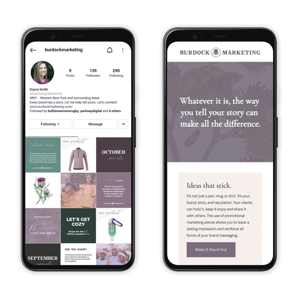 two phones showing social media Instagram grid design for Burdock Marketing