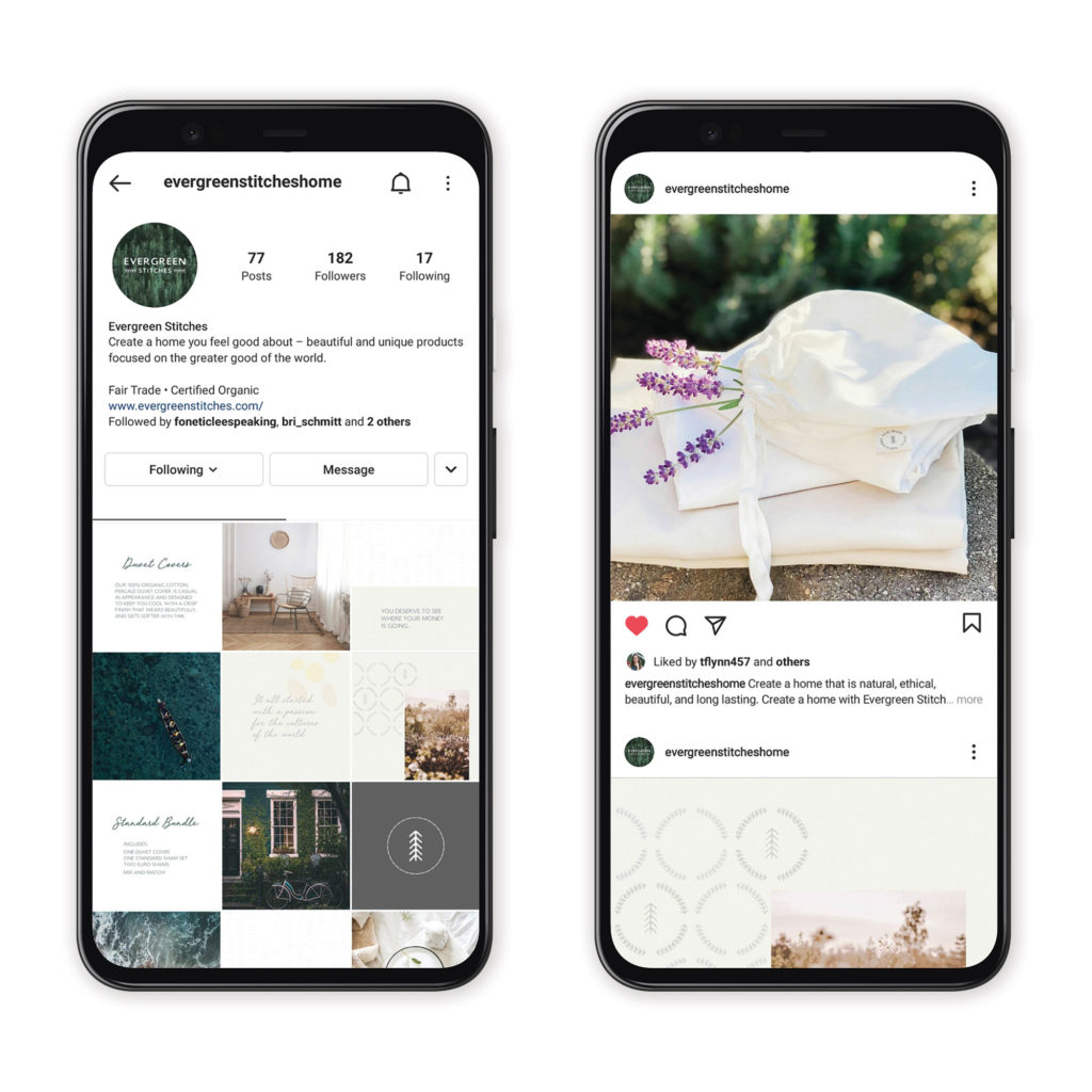 two phones showing social media Instagram grid design for Evergreen Stitches