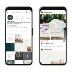 two phones showing social media Instagram grid design for Evergreen Stitches