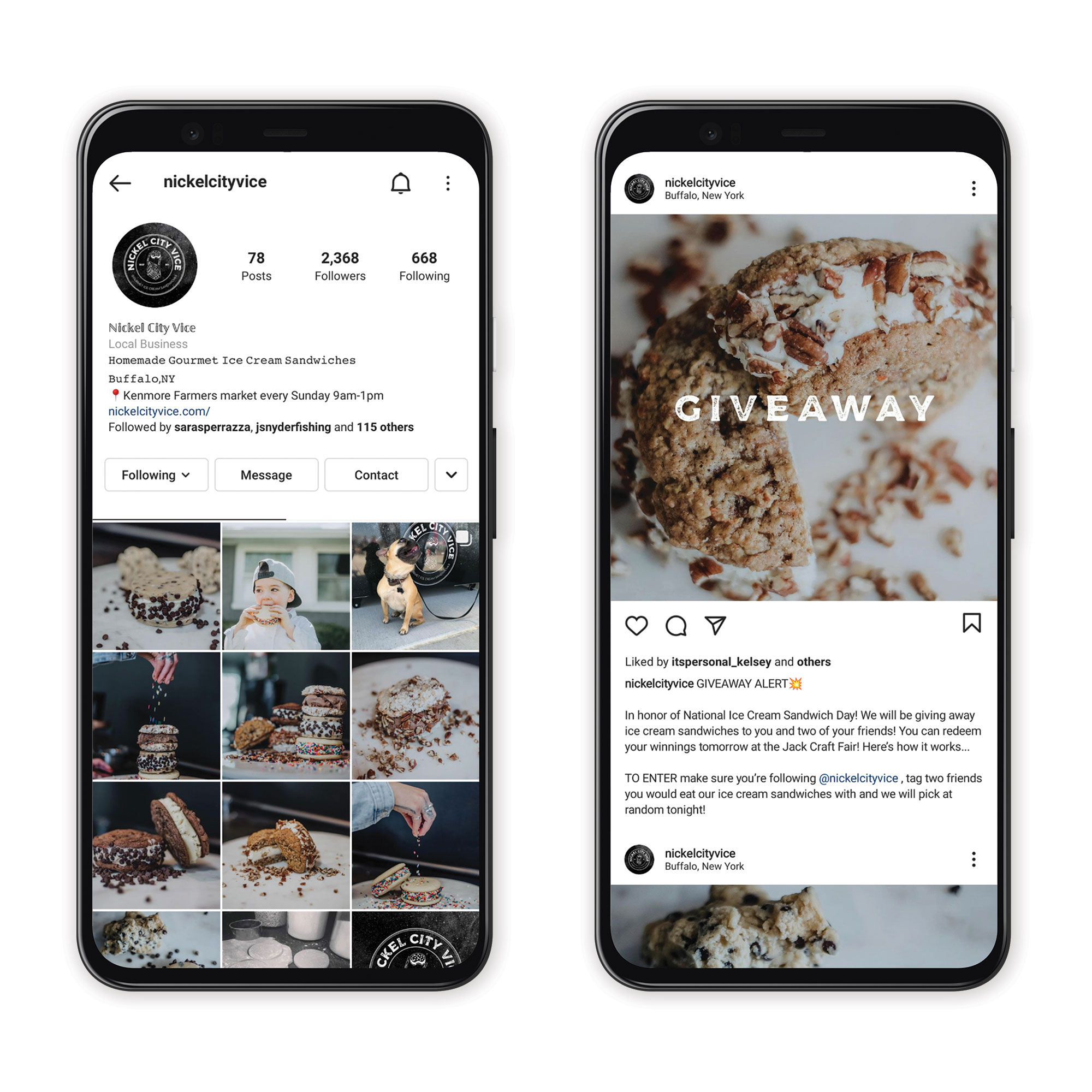 two phones showing social media Instagram grid design for Buffalo ice cream sandwich business
